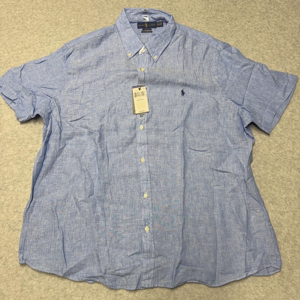 Ralph Lauren Shirt Mens 2XL Blue Linen Short Sleeve RL Untucked Button Down